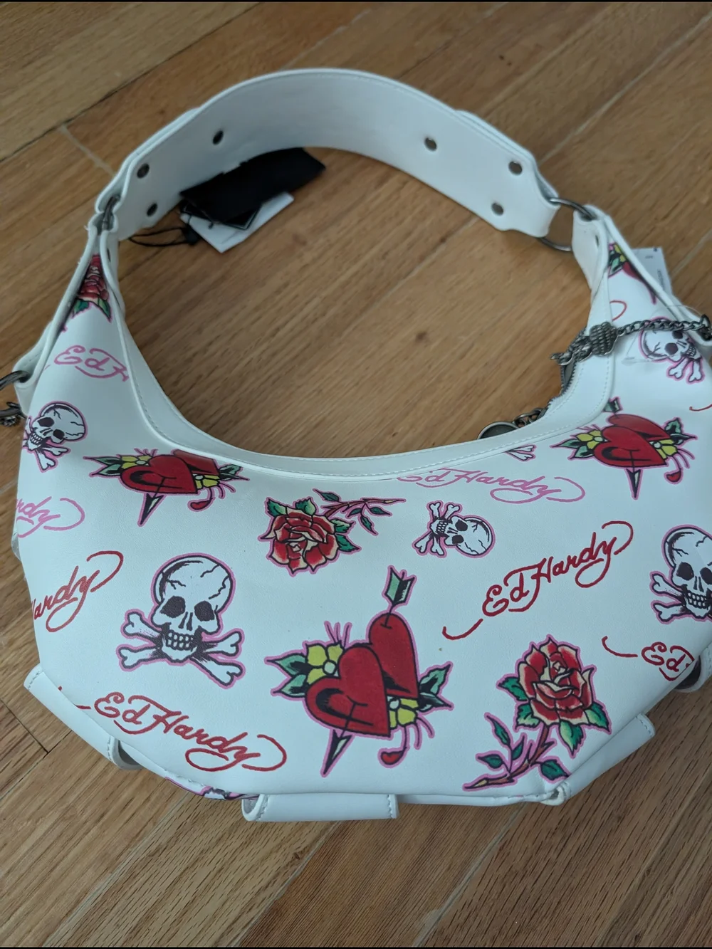 Ed Hardy Vegan White Tattoo-Print Hobo with Red & Pink Accents